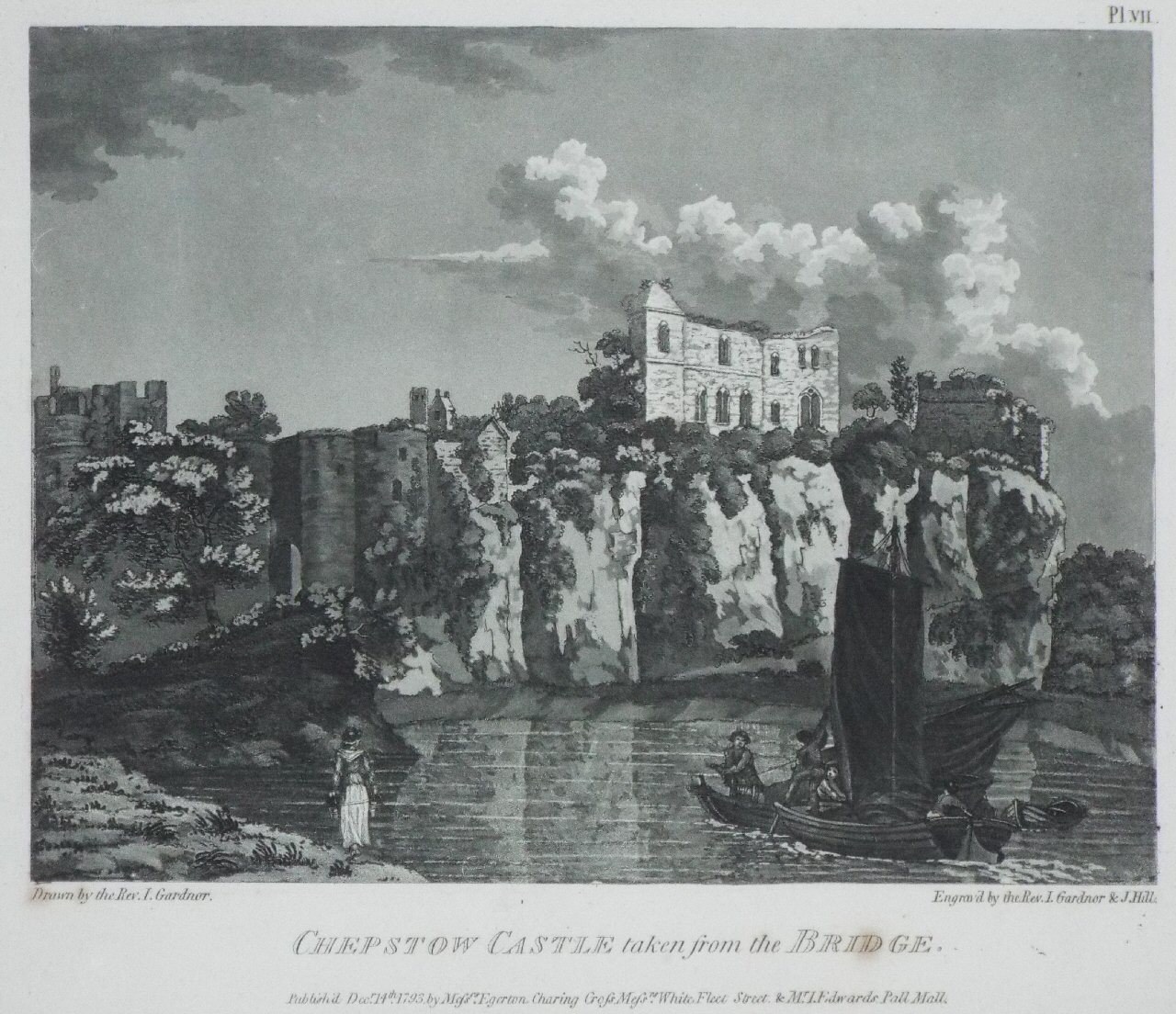 Aquatint - Chepstow Castle taken from the Bridge. - Gardner